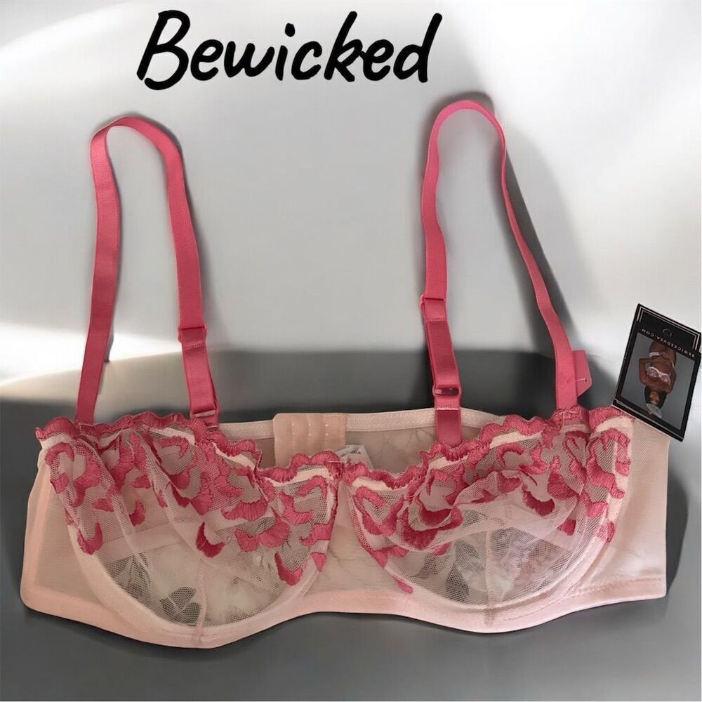 Bewicked Nadine Pink Floral Embroidered Underwire Bra 38DD Unlined